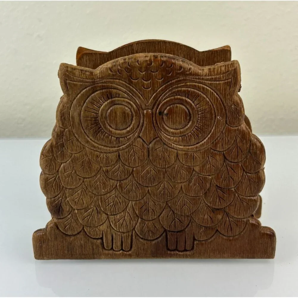 MCM 1970s Owl Wooden Napkin Letter Holder Brown Distressed Vintage Mid-Century